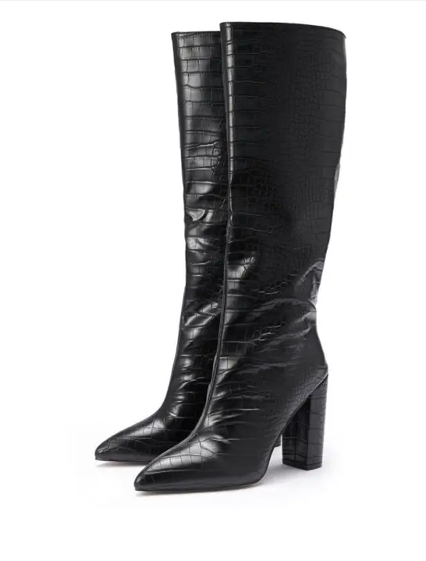 New Autumn Winter Pattern Women Boots Fashion Pointed Toe Zip Thick High Heels Black Cowboy Western Over The Knee Shoes Large