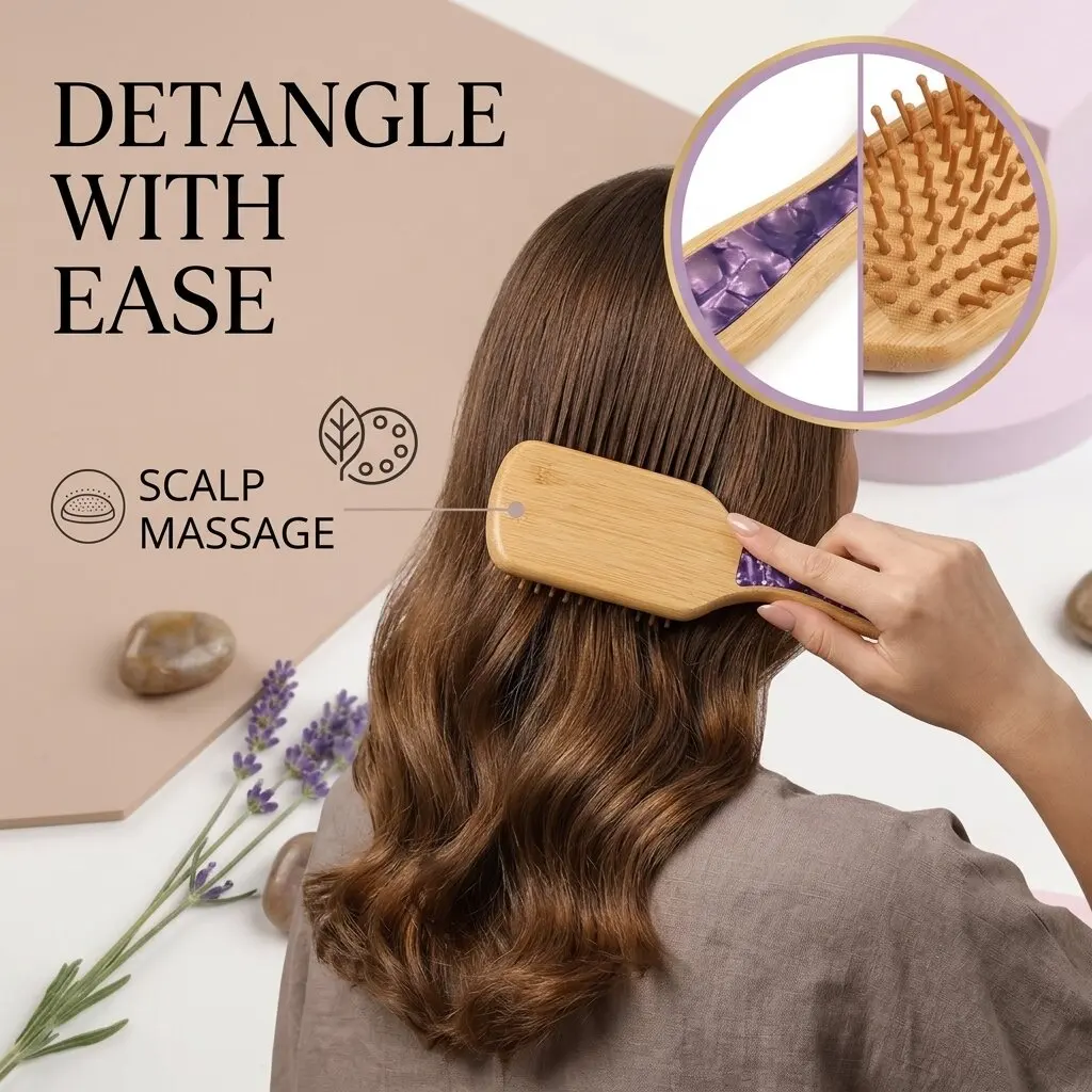 Natural Wooden Hair Brush Resin Marble Detangling Scalp Care Paddle Hairbrush Women Professional Spa Hair Styling Tool