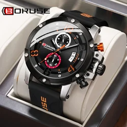 Relojes de diseño BORUSE para Hombre, cronógrafo de negocios, Reloj de pulsera de cuarzo resistente al agua de silicona, Reloj luminoso para Hombre