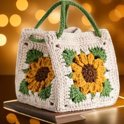 Autumn Sunflower Square Handbag Crochet Clutch Bag Hand-made DIY Wedding Candy Storage Bag