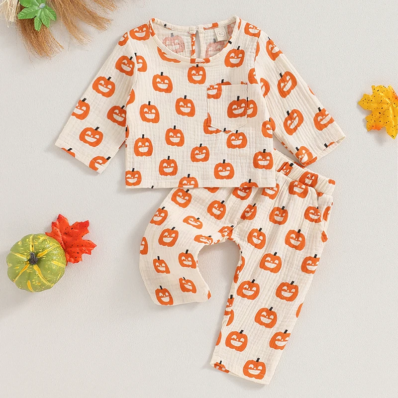 Lindos disfraces de Halloween de 2 uds., adorables camisas de manga larga con estampado de bruja fantasma, conjunto de pantalones, ropa infantil para truco o trato