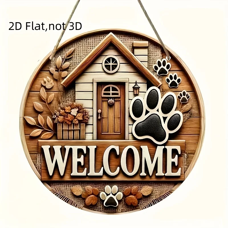 2D Flat - 1pc Classic Wooden Paw Print Welcome Sign | Round Pet Lover Gift, Non-Electric Animal Theme Door Wall Decoration, with