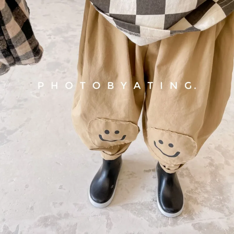 Korean Style Spring New Washed Cotton Casual Loose Pants Beige Khaki Smiling Face Patchwork Harem Pant Girls Clothes E122126