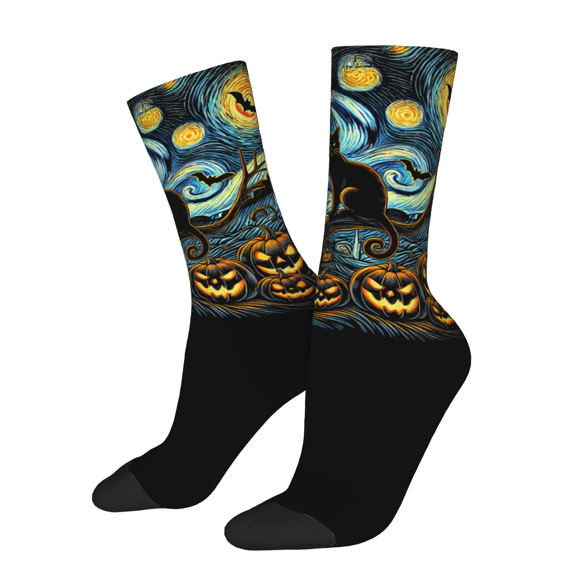 Winter Warm Funny Unisex Halloween Van Gogh Starry Night Socks Pumpkin Black Cat Breathable Crew Socks
