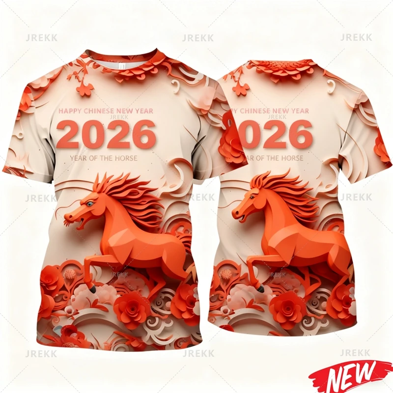 

2026 Year Of Horse Pattern Футболка для мужчин 3d Печать Horse Year Футболка женская Повседневная уличная футболка с круглым вырезом и коротким рукавом