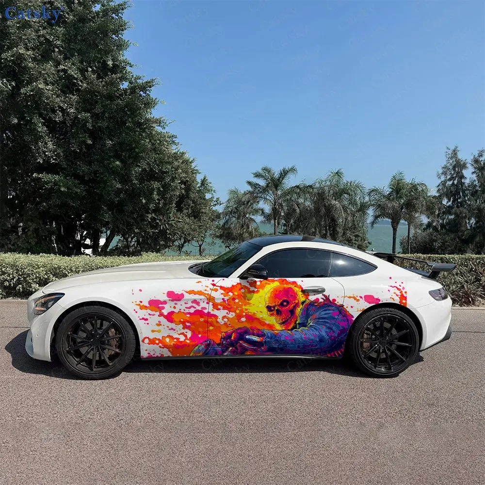 2pcs Orange Splatter Color Skeleton Car Side Wrap, Self-Adhesive PVC Waterproof & Scratch-Resistant Stickers, Car Accessory Gift