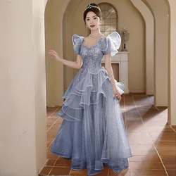 Blue Off Shoulder Evening Dress Elegant Applique Sequins Graduation Gown Temperament Tiered Long A-line Formal Banquet Vestido