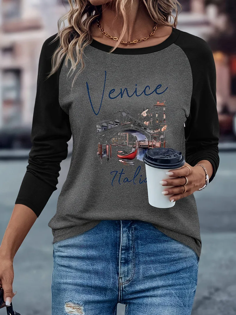 Langärmeliges Retro-Vintage-T-Shirt mit Italien-Print, Lässiges Langarm-T-Shirt, Trendiges Winter-Herbst-Grafik-T-Shirt, Weiches, Lockeres Damen-T-Shirt – Detail 2