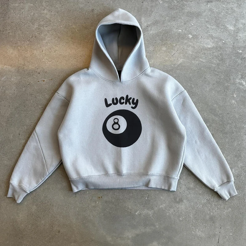 Y2k Vintage Fashion No. 8 Ball Print Hoodies Harajuku Hip Hop Long Sleeve Sweatshirt Spring Men Loose Hooded Pullover Streetwear