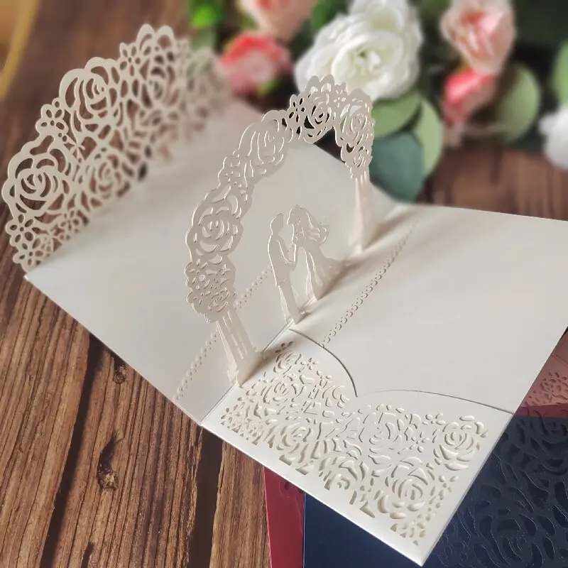 

50pcs Trifold Laser Cut Wedding Invitation Cards Pocket Cover with Rose Floral Arch and New Couple 3D Cards