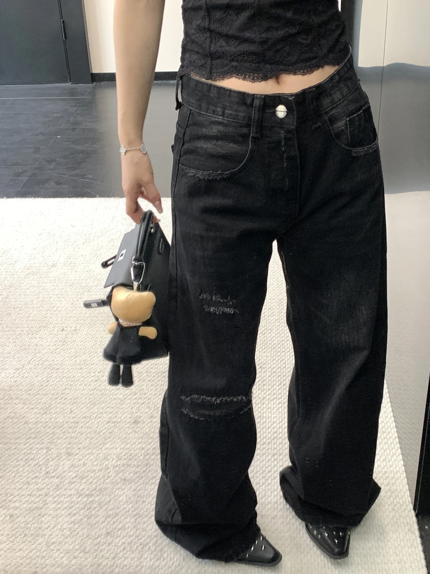 

Винтажные джинсы OISIS с эффектом потертости, прямые, в стиле стритстайл, черные, широкие брюки, весенняя коллекция, женские, из премиального денима