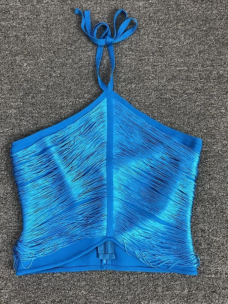 2025 sexy borla design conjunto de duas peças feminino azul halter sem costas colheita superior + franja bandagem saia ternos festa à noite clube conjuntos