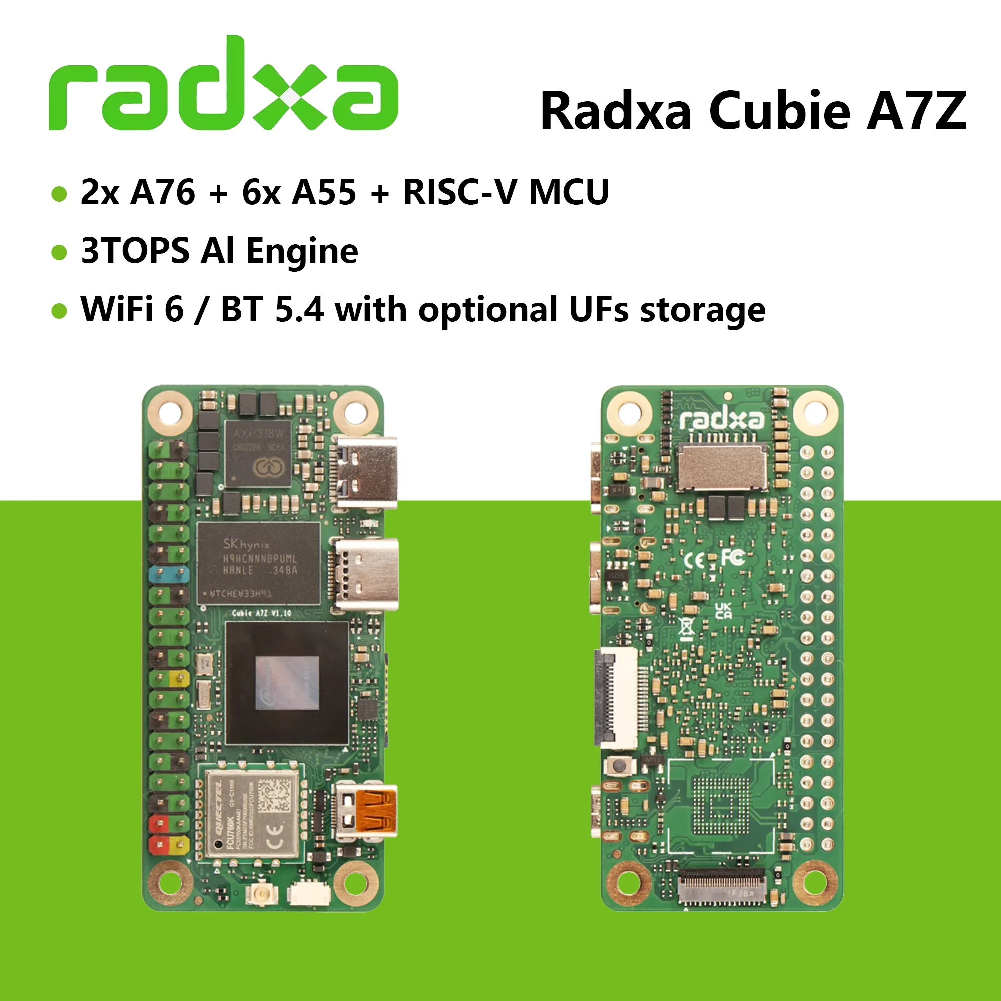 

Radxa Cubie A7Z Development Board Allwinner SoC with octa-core CPU, 3TOPS NPU, and WiFi 6 / BT 5.4 with external antenna