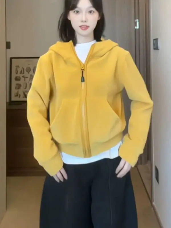 Moletom com capuz amarelo feminino solto zíper casual top outono inverno coreano sle preguiçoso faion streetwear agasalhos suores confortáveis...