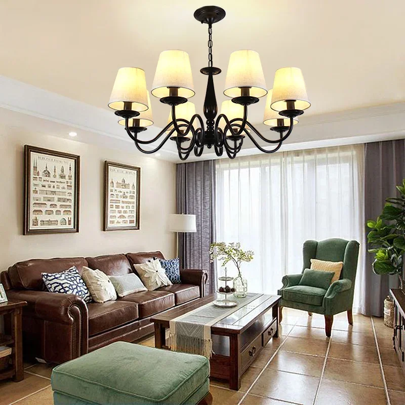 

Living room lamp chandelier American country bedroom simple home decoration cloth art iron lighting pendant lights