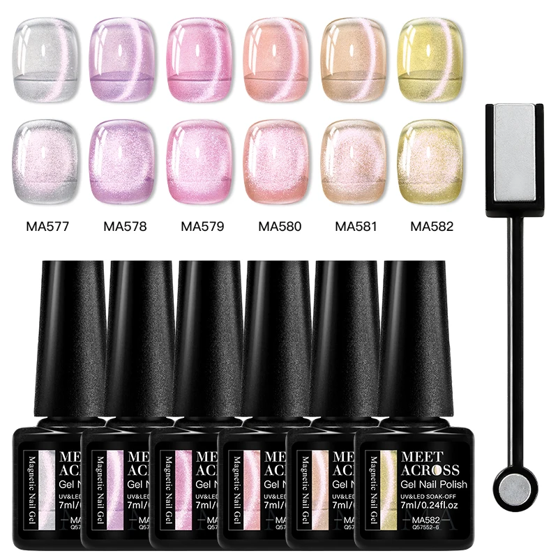 Mtsii 6 pçs gato gel magnético unha polonês com vara magnética para unhas grânulo de vidro cristal semi-transparente arte do prego gel manicure