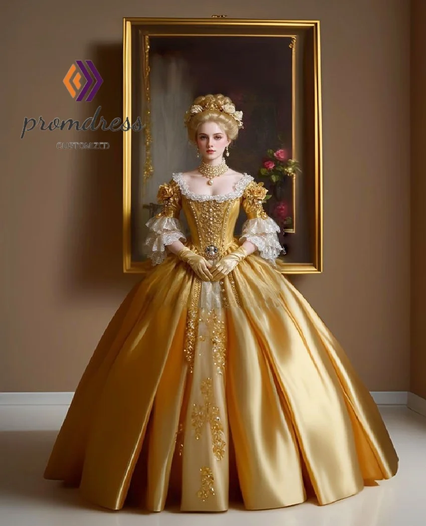 Elizabethan Era Gold Victorian Prom Dress For Queen Tudor Renaissance Medeival Evening Dress Lace Ball Gown Formal Customized