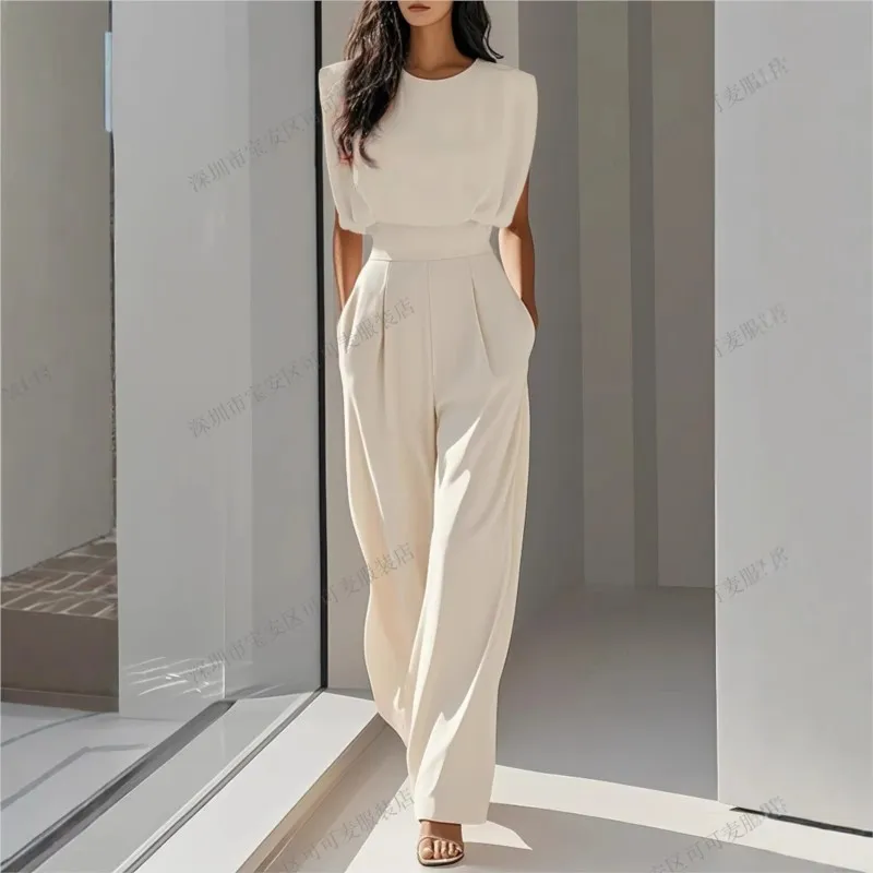

Fashion Commute Women Jumpsuit Solid color O-neck Sleeveless High Waisted Simple Straight Leg Pants Ladies Jumpsuits Office Lady