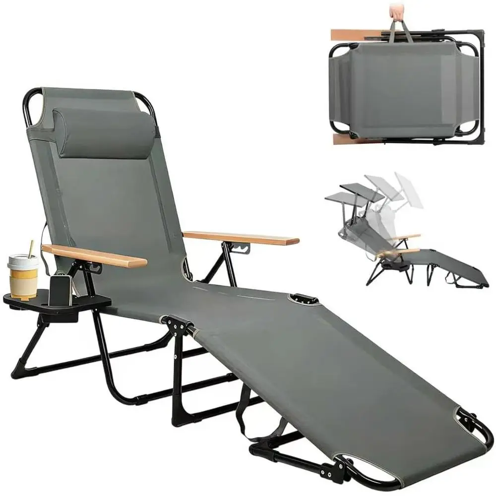 

4-Position Outdoor Beach Lounge Chair with Cup Holders and Wooden Armrests, Supports 350 lbs, Grey Fabric, Steel Frame