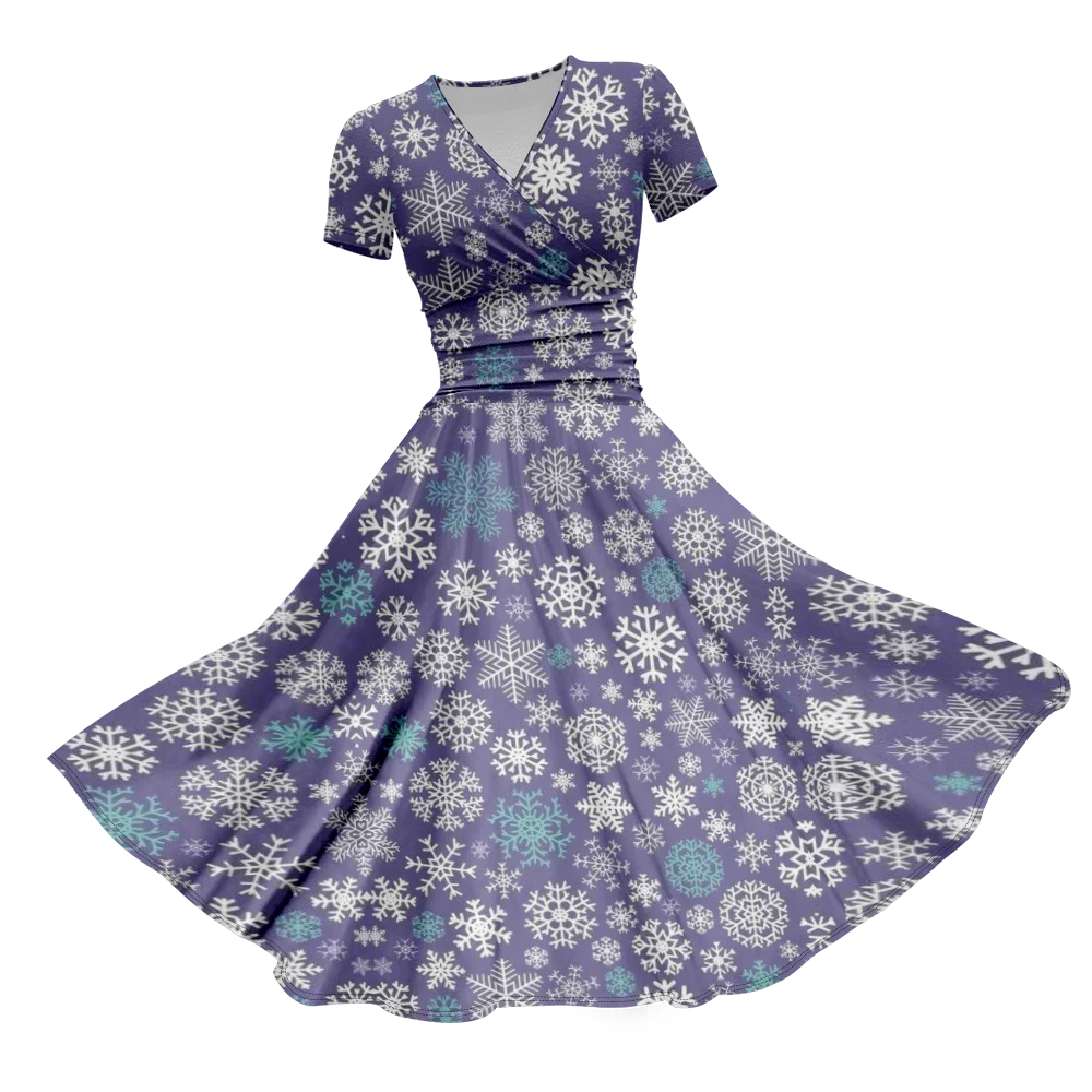 Spring Light Purple White Snowflake Pattern Elegant Full Print Casual Skirts Short Sleeve V Neck Party Club Dresses