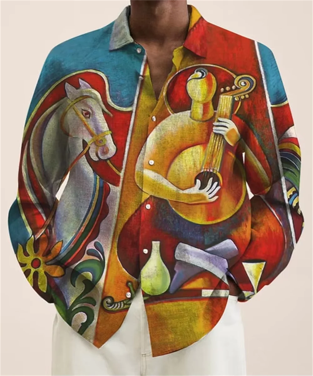 2025 New Men's 3D Musical Instrument Fashion Print Single-breasted Long-sleeved Shirt Casual Shirt Men's Loose Lapel Long Sleeve