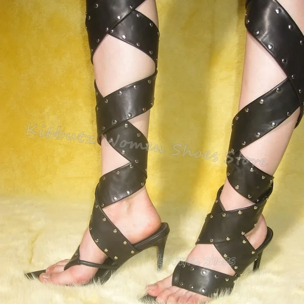 

Rivets Cross Strap Sandals Genuine Leather Novelty Sexy Fashion Concise Luxury Women Shoes Newest Pointy Thin Heels Solid Color