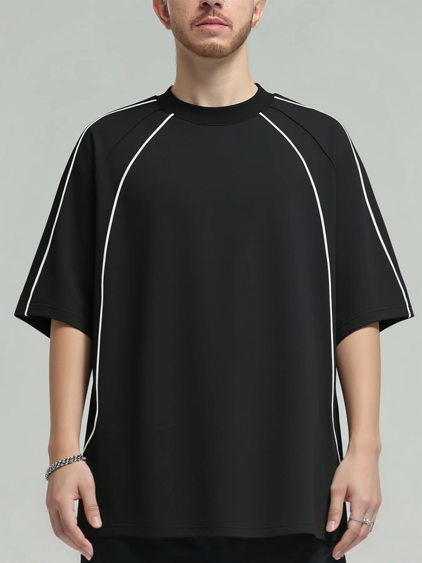 

Contrasting Color Edge Shoulder Drop Crew Neck American Contrasting Color Line Short Sleeve T-shirt Drape High Street Top
