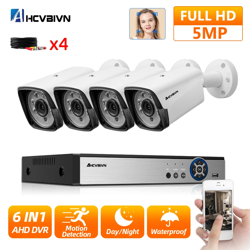 ชุดกล้องวงจรปิดระบบรักษาความปลอดภัย4CH H.265 5MP DVR ชุดกล้องวงจรปิด5MP IR กลางแจ้งกันน้ำตรวจจับใบหน้ากล้อง AHD ชุดเฝ้าระวังวิดีโอ4Ch