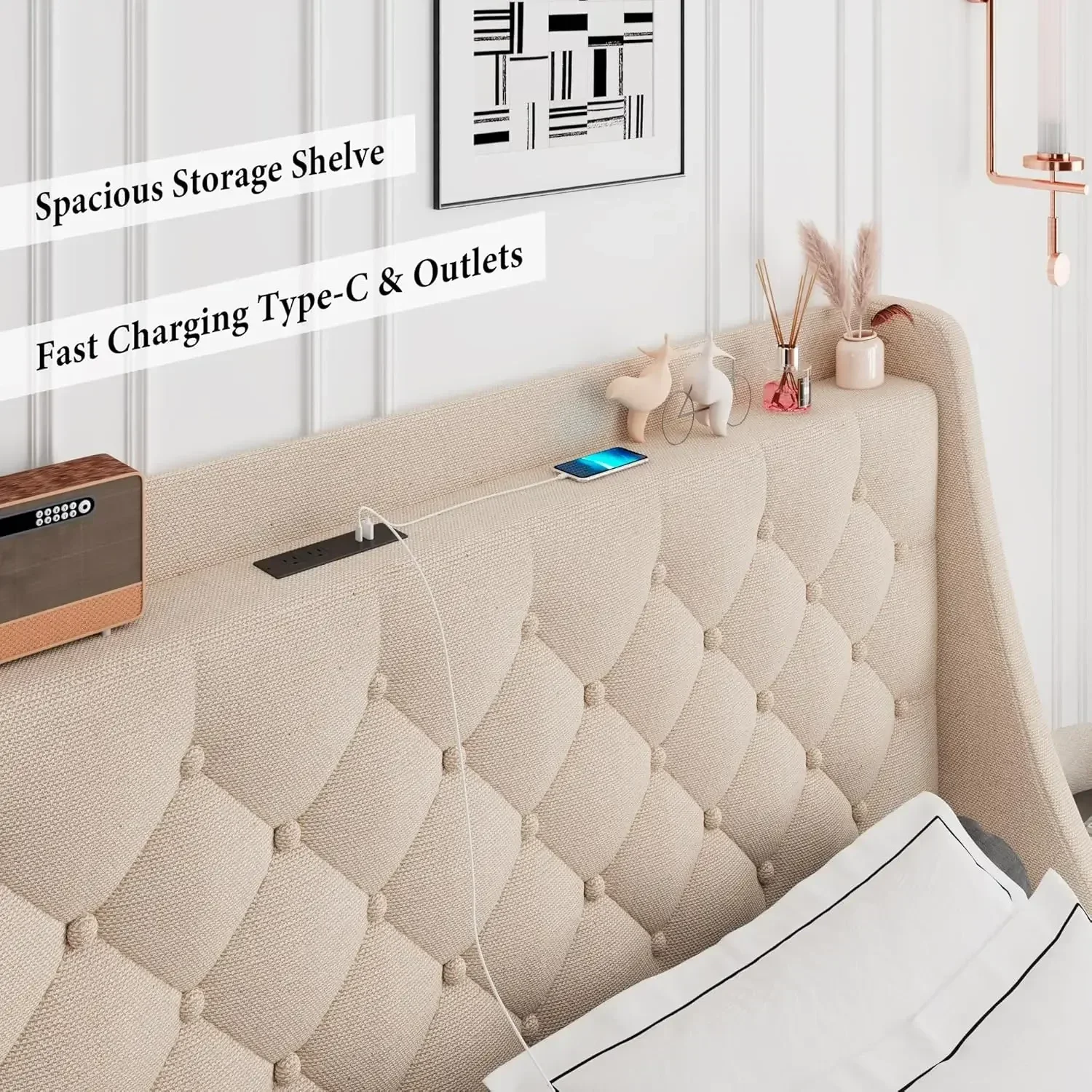 Upholstered Platform Bed Frame with Type-C & USB Ports, Wingback Storage Headboard, Solid Wood Slats