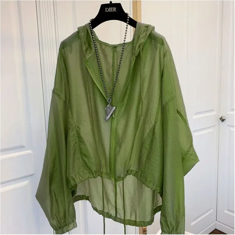 Women Jackets Hooded Summer Sun-proof Zipper Trench Coats Thin Loose See Through Outerwear Breathable Lightweight Clothes