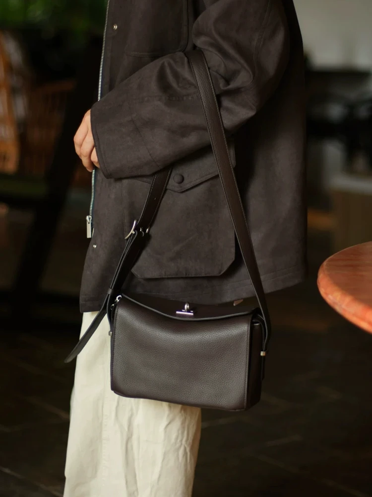 Black Fashion Simple Lock Box Bag\Handbag For Women Genuine Leather Tote Real Leather Lady Shoulder Crossbody Bag Boston Bag