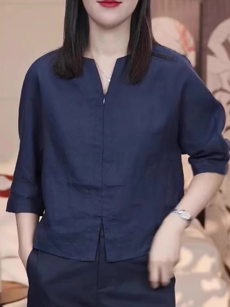 우아한 하프 집업 셔츠 캐주얼 여름 상의 7부 소매 오버헤드 여성 패션 출퇴근 스타일 루즈핏 베이직 센스