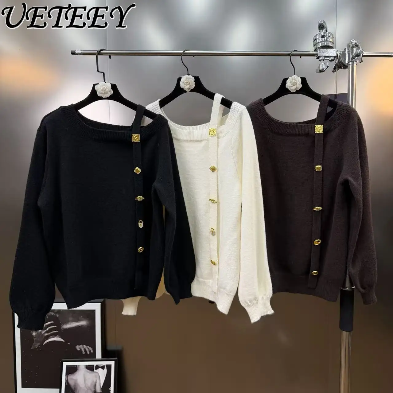 

2025 Winter Sweater for Women Off-Shoulder Long Sleeve Ribbon Heavy Metal Buckle Loose Commuter Black Knitted Pullover Jumper