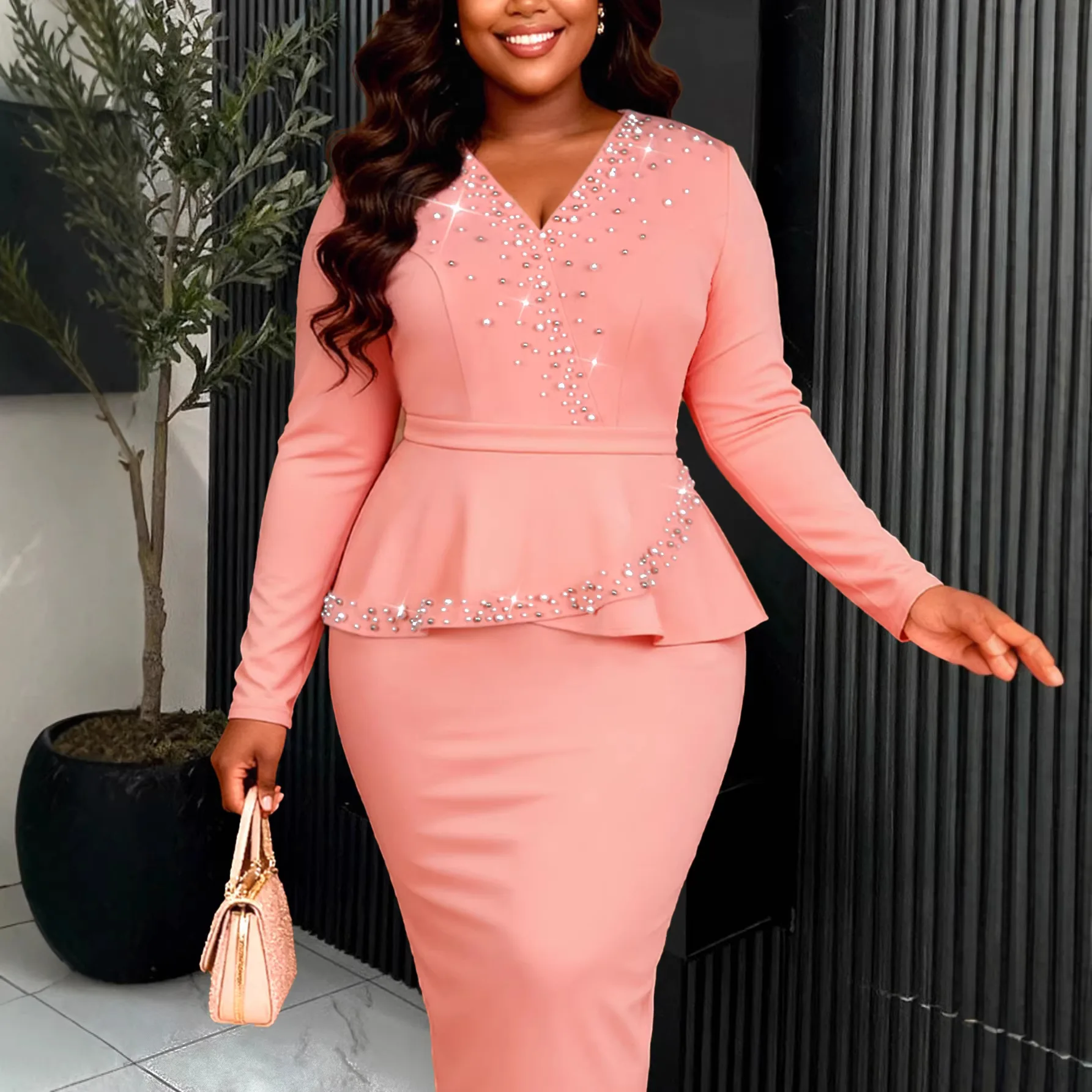 Africa Clothing Church Dresses Beading V Neck Long Sleeves Peplum Waist Slim Weddings Guest Classy Office Ladies Autumn Gowns