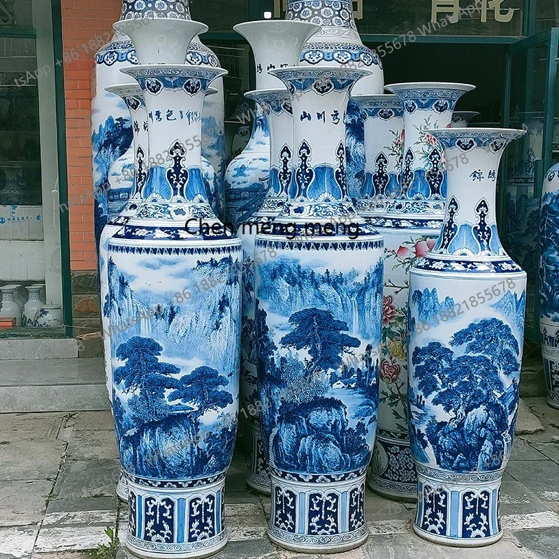 H178Hand-painted floor-to-ceiling large vase underglaze color meticulous blue and white landscape golden bell large vase ornamen