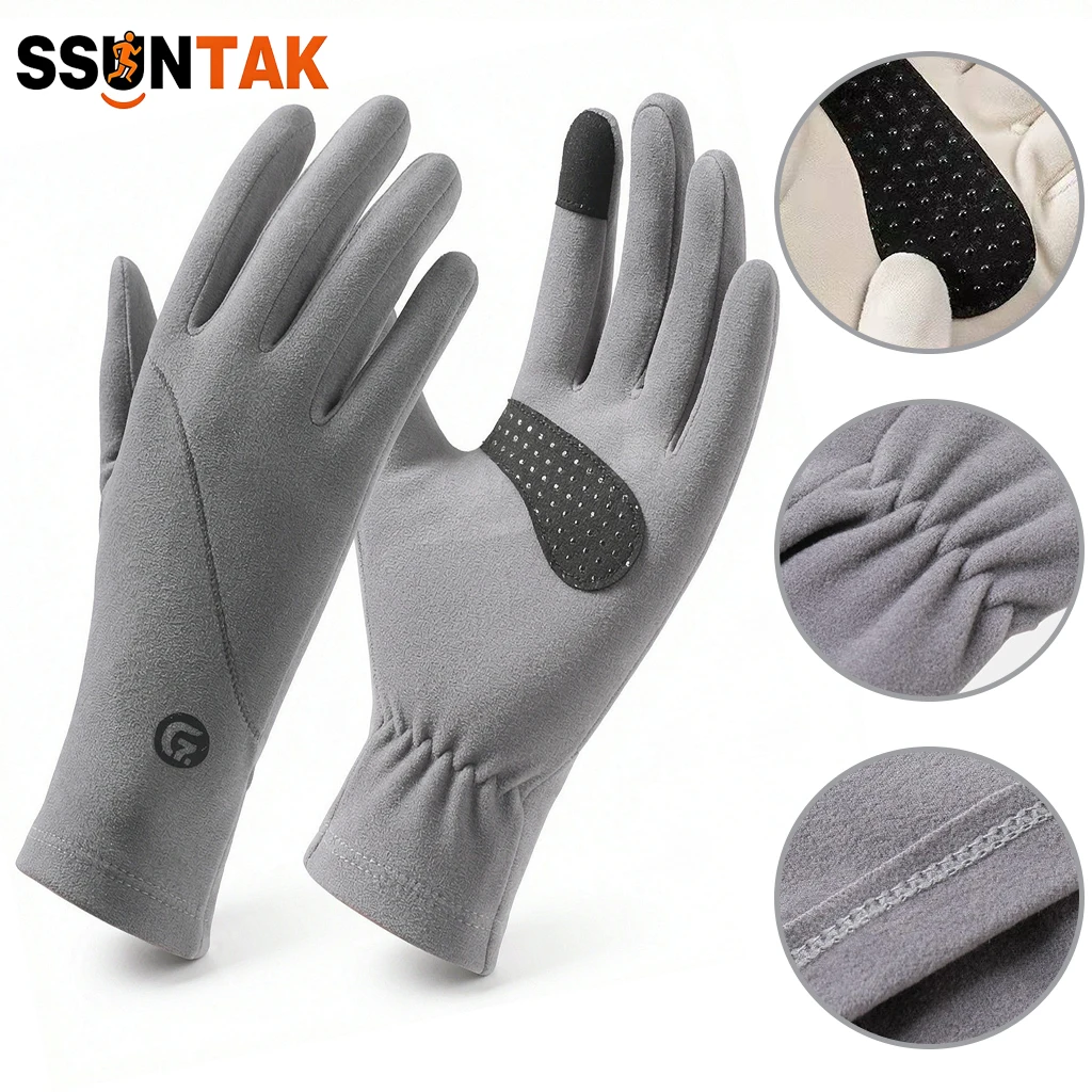 SSUNTAK Women Autumn Winter Thermal Gloves De‑Velvet Touch Screen Windproof Anti‑Slip Outdoor Skiing Cycling Riding Hiking Warm