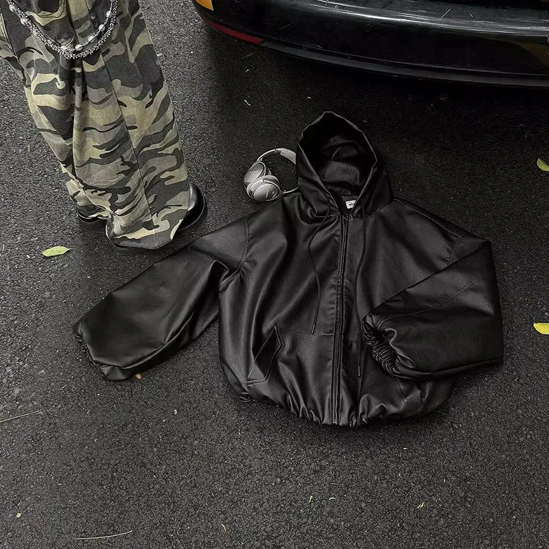 

High Street Black Color Pu Leather WIndbreaker Coat Mens and Women Cleanfit Casual Loose Zipper Hooded Jackets Oversized