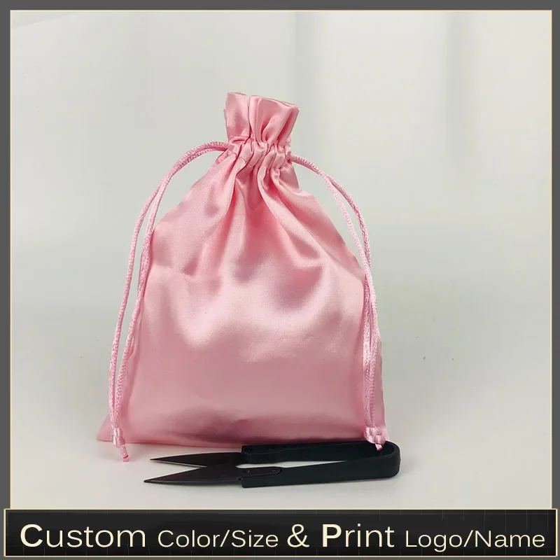 Custom Logo Silk Satin Drawstring Bags Cosmetic Beauty Equipment Eyelash Underwear Drawstring Package Bags 50pcs/lot