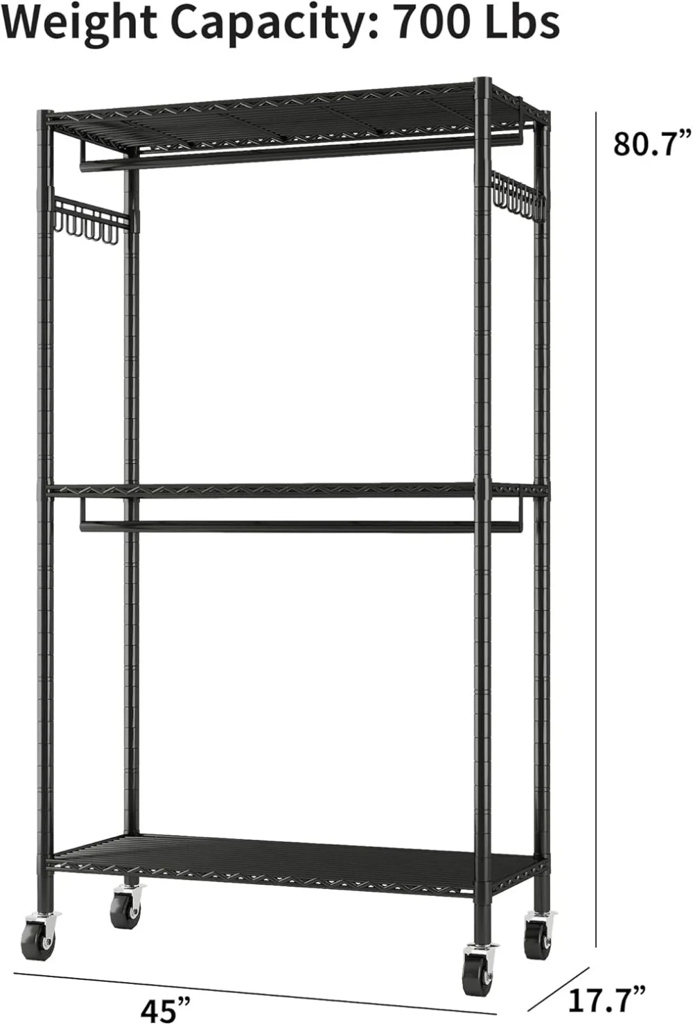 Heavy Duty Rolling Garment Rack, 3 Tiers Adjustable Wire Shelving Clothes Rack with Double Rods and Side Hooks