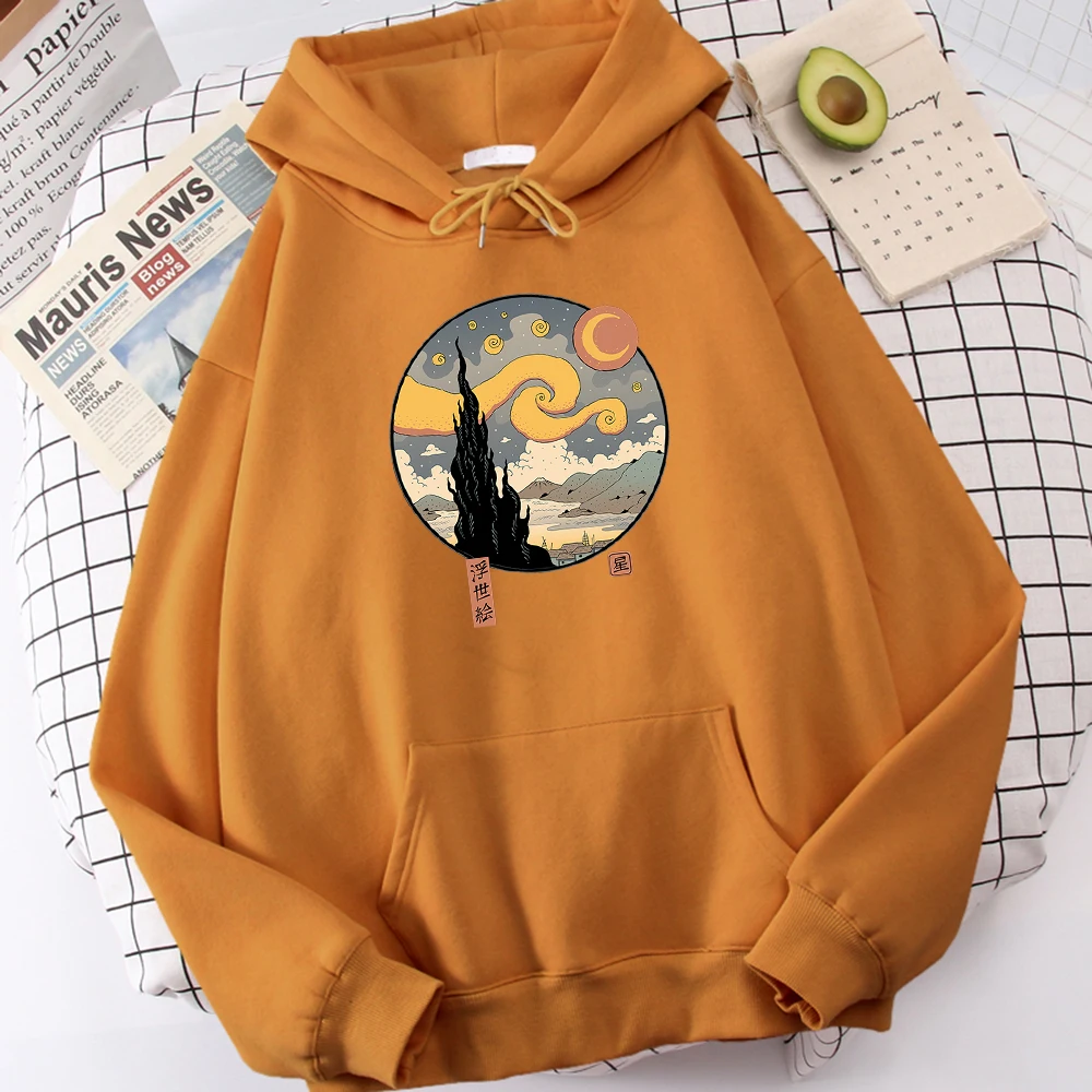 Starry Ukiyo-E Night Printing Hoodie Men Fashion Comfortable Hoody Autumn Fleece Sweatshirt Casual Warm  Pullover Tops