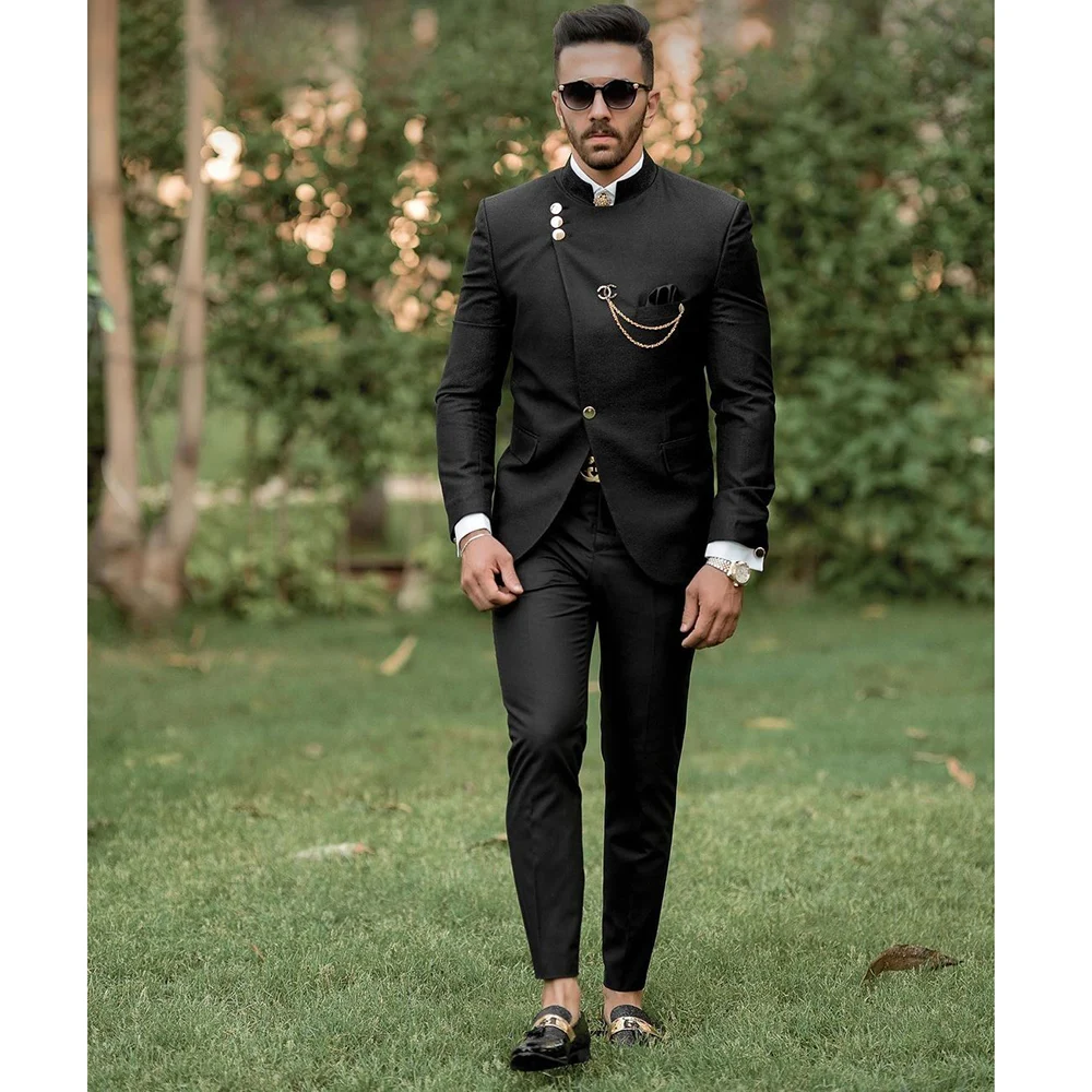 

Formal Black Wedding Men's Suits Stand Lapel Single Breasted Skinny 2 Piece Jacket Pants Slim Fit Male Clothing Full Set Terno