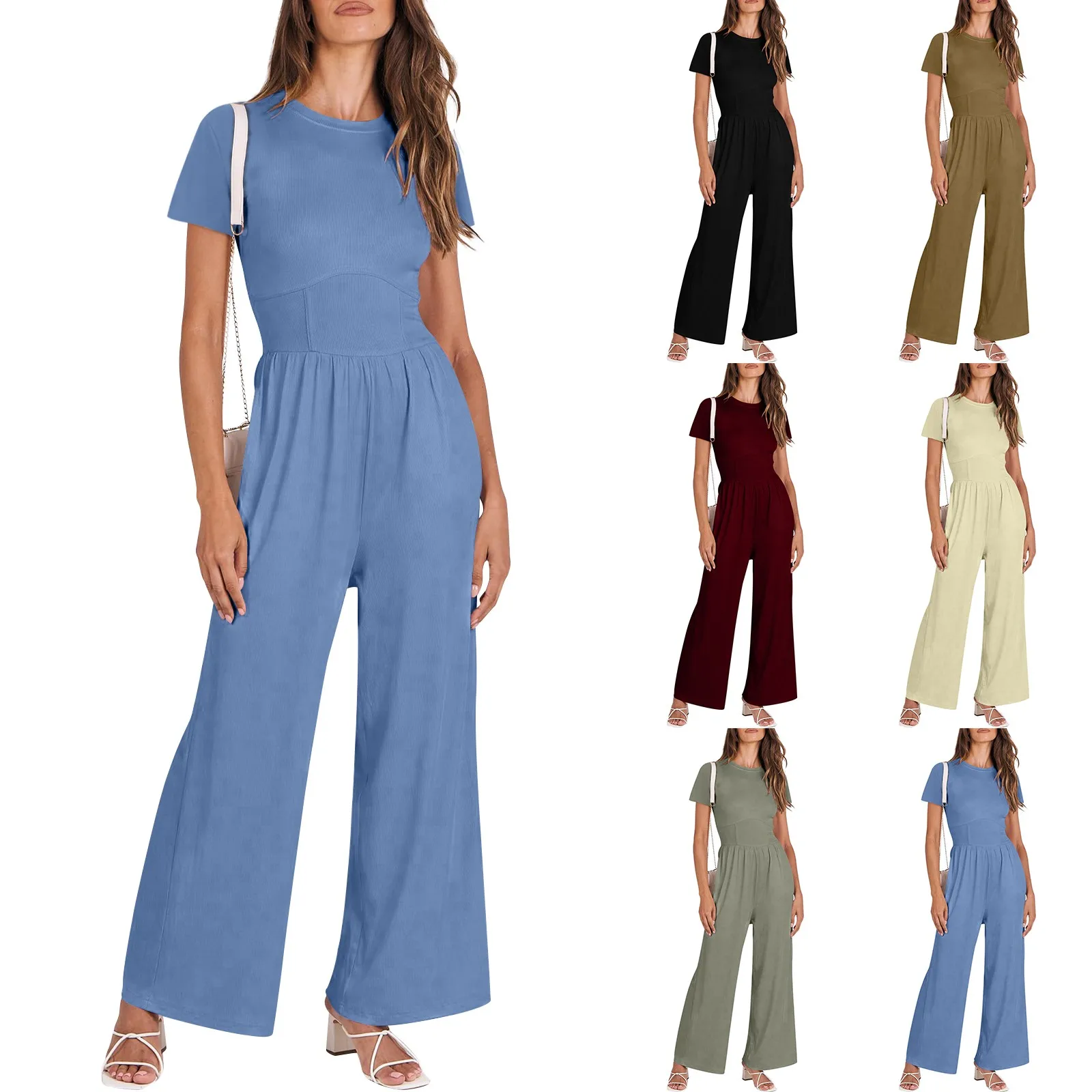 Women's Summer Playsuits 2024 Zippered Short Sleeve Straight Wide Leg Pants Solid Color Rompers Pocket Jumpsuit