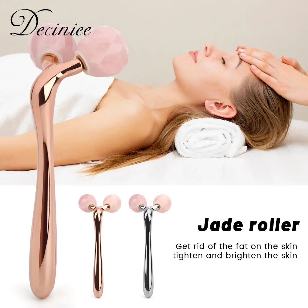 Rolo de massagem facial 3D Quartzo Rosa Massageador Facial 360 Rotação Rolo Lift Facial Removedor de Rugas Rosto Fino Rolo Jade Forma Y para Face