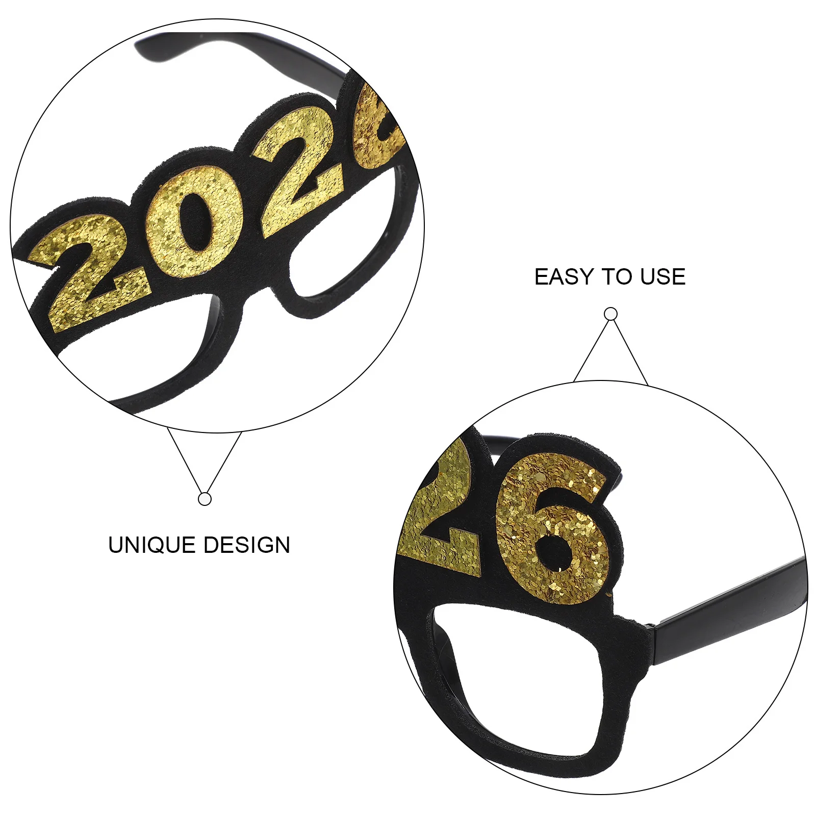 2 قطعة 2026 النظارات الذهب الأسود بريق السنة الجديدة حفلة مضحك كابينة تصوير الدعائم إطارات بلاستيكية اكسسوارات السنة الجديدة صور نظارات