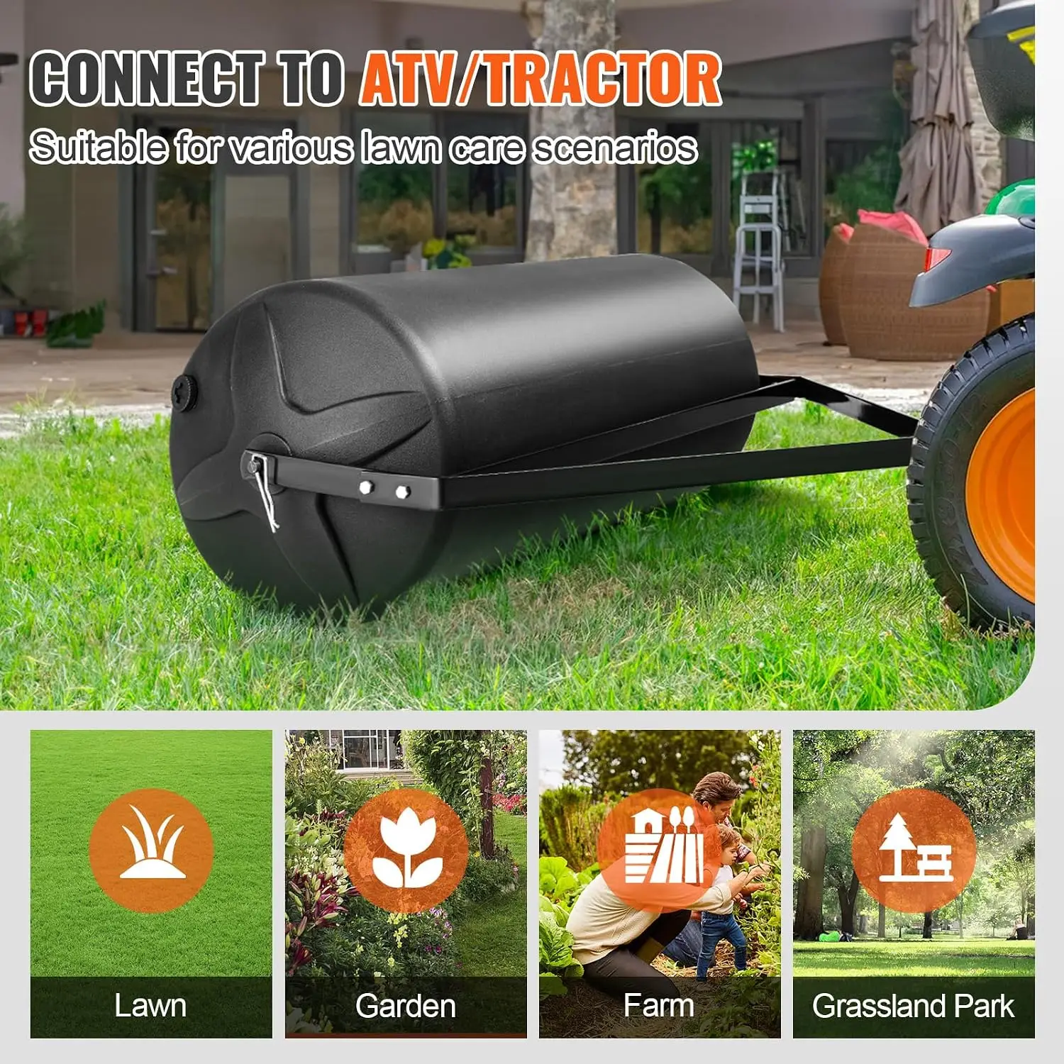 Tow Behind Lawn Roller, 400lbs Sand/Water Filled Yard Roller, LLDPE Drum and Steel Frame Sod Roller with Easy-Turn Plug, Tow Beh - view 6