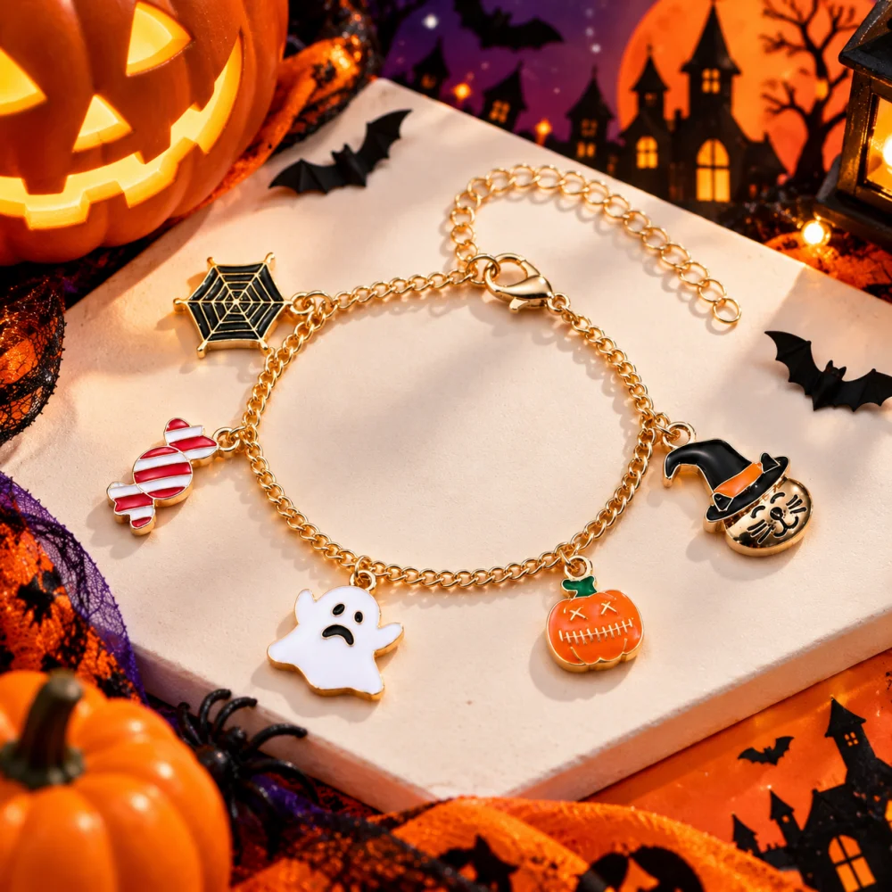 Halloween Themed Bracelet for Women Girls Ghost Pumpkin Spider Candy Charm Alloy Chain Bracelet Spooky Jewelry Gift Accessories