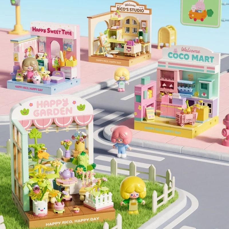 

Finding Unicorn Building Blocks Rico Store Manager Dessert Shop Children'S Assembled Toys Street Scene Model Ornament Gift Toys