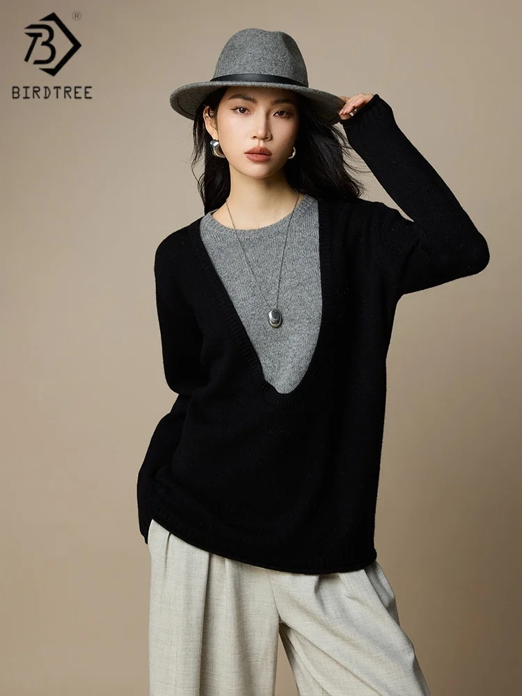 

Birdtree, искусственный свитер из двух предметов из 100% овечьей шерсти, женские вязаные топы с v-образным вырезом и цветными блоками, осенне-зимний пуловер 2025 T5O706JF