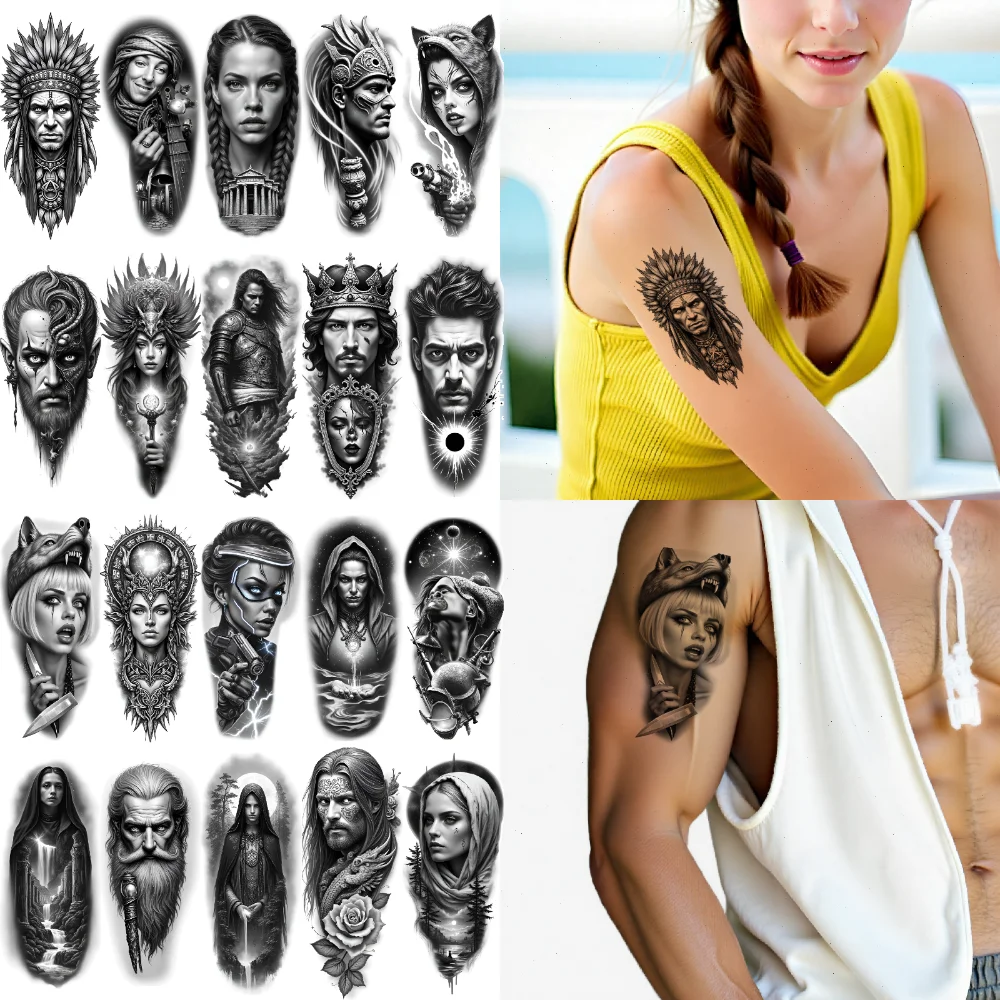 

Временные татуировки, татуировки воина, черный и серый Реализм, татуировки персонажей, фэнтезийные татуировки для мужчин, женщин, бедер