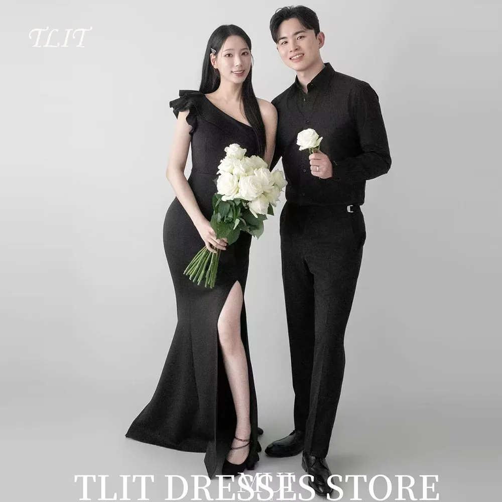 

TLIT Simple Black Mermaid Satin Evening Dress Korea Wedding Dress Photo Shoot One Shoulder Prom Gowns Customized Split Gowns